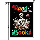 Gkodw Read Books Garden Flag, Funny Skeleton Halloween Yard Flag for Outside, Book Lover Gifts Bookish Librarian Gifts, Literary Activism Feminist Social Justice Library School Lawn Yard Sign