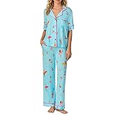 Room Service Womens Pajama Sets, Short Sleeve Stretch Rayon Button Down Top with Pants 2 Piece Lounge Sets for Women