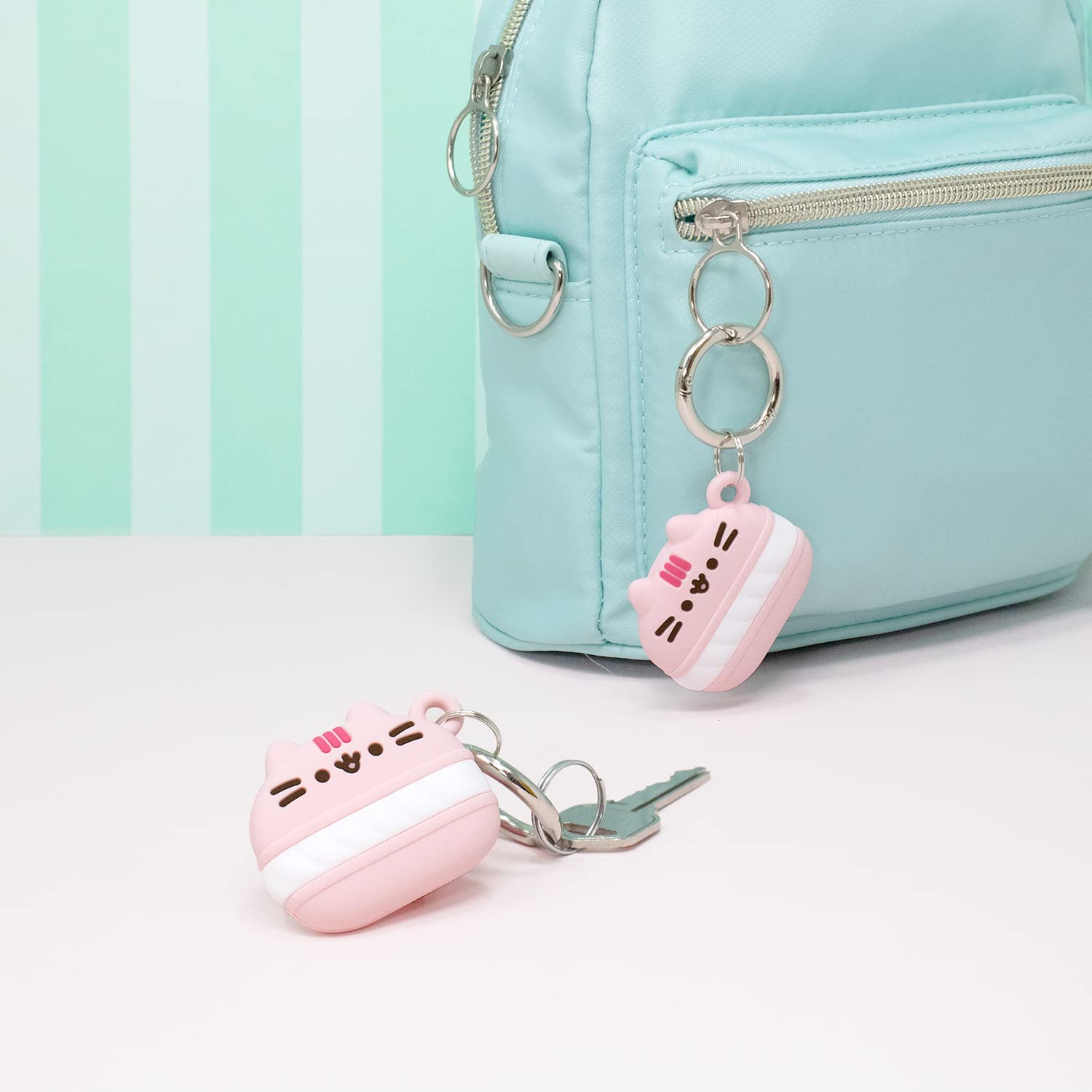 iFace x Pusheen Café Series Silicone Protective Cover Designed for Apple AirTags [Cute Character Case] [Carabiner Keychain Clip Included] - Macaron