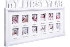 MICKYU My First Year Picture Frames Newborn Essentials Must Haves Personalized Baby Shower Gifts for New Mom (White)