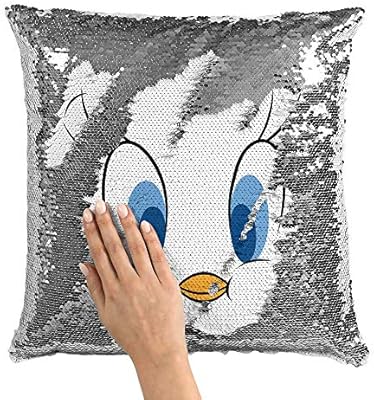 Tweety Bird Face White Sequin Throw Pillow With Stuffing Cute Face