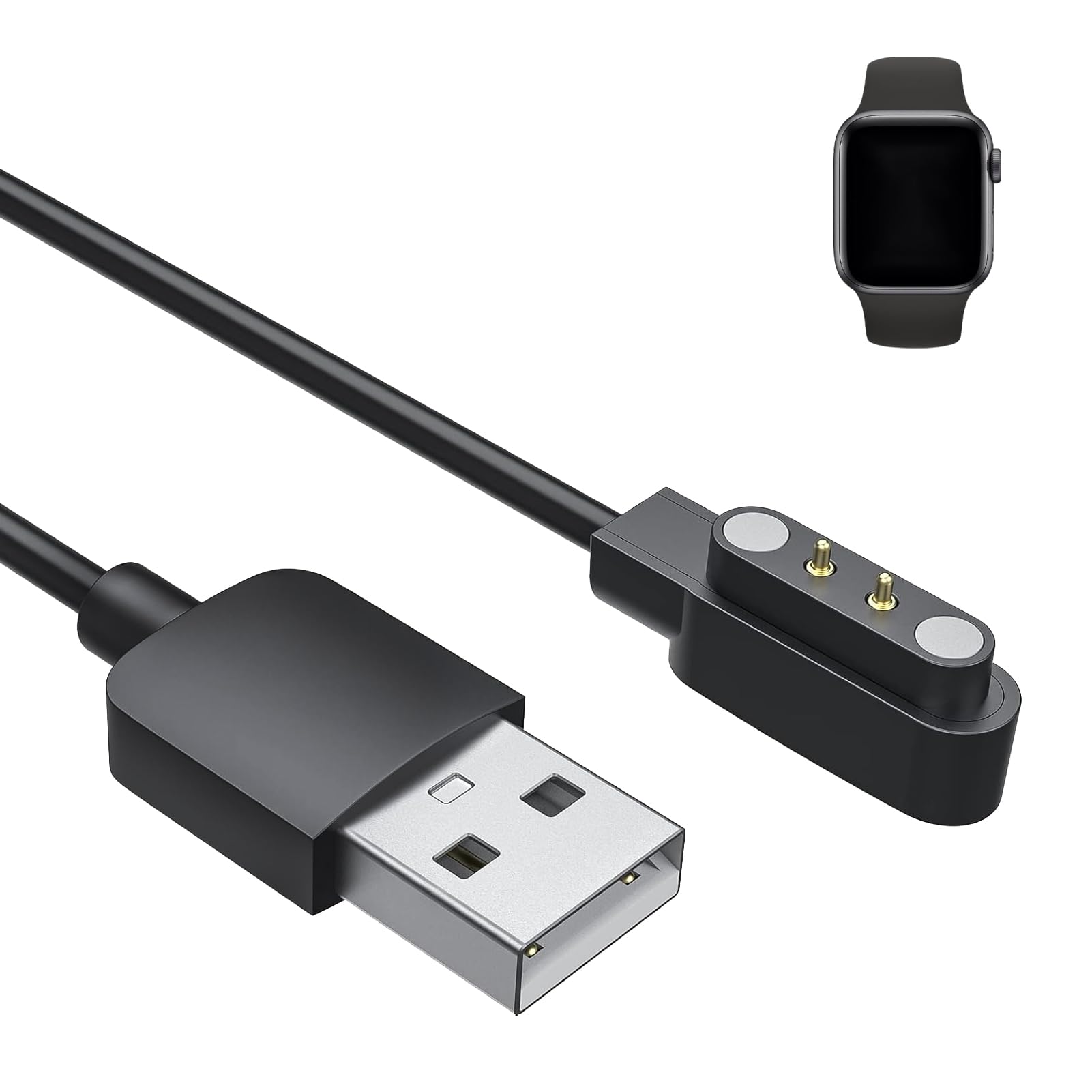 Smart Watch Charger, Smart Watch 2 pin 4mm Charging Cable Magnetic Compatible with YAMAY SW022, Ticwatch GTX, Haylou RT LS05S, AGPTEK LW11, USB Charger Secure Connection, Quick Charge, Black (1pcs)