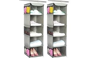 BrilliantJo 5 Shelves Hanging Closet Organizer, 2 Pack Hanging Storage with 6 Side Pockets for Clothes Bags, 108x30x30cm(Grey