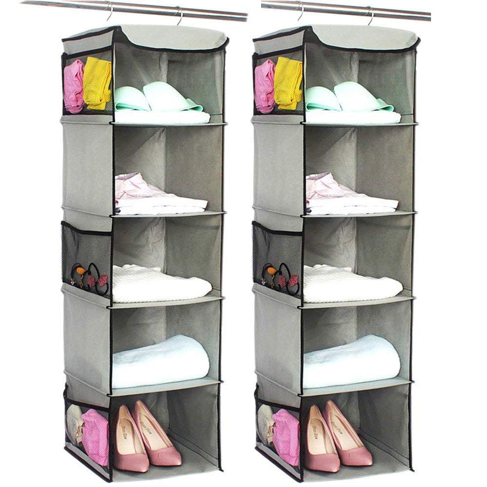 BrilliantJo Hanging Storage with 5 Shelves Set of 2 Wardrobe Closet Organiser, Storage Shelves Unit with 6 Pockets for Clothes - Grey 108H x 30W x 30L