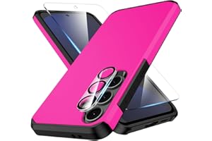 HUNESS 3 in 1 for Galaxy S24 FE Phone Case with Tempered Glass Screen Protector + Camera Lens Protector, for Samsung S24 FE Phone Case,Silicone Durable Armor for Samsung Galaxy S24 FE Case Hot Pink