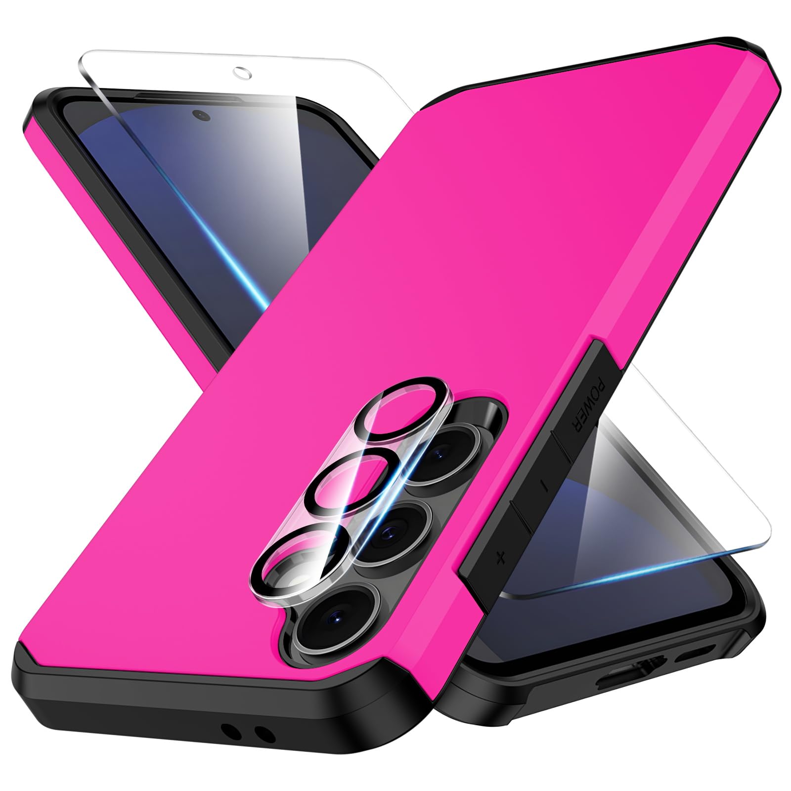 Photo 1 of 3 in 1 for Galaxy S24 FE Phone Case with Tempered Glass Screen Protector + Camera Lens Protector, for Samsung S24 FE Phone Case,Silicone Durable Armor for Samsung Galaxy S24 FE Case Hot Pink