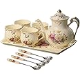 YOLIFE Porcelain Tea Set, Vintage Flowering Shrubs Teapot and Cups Set for Tea Party, Birthday Gifts for Mom Adults Women Wedding
