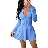 2 Piece Tennis Golf Skorts Skirt Sets for Women with Shorts Long Sleeve Zipper Crop Top Mini Dress