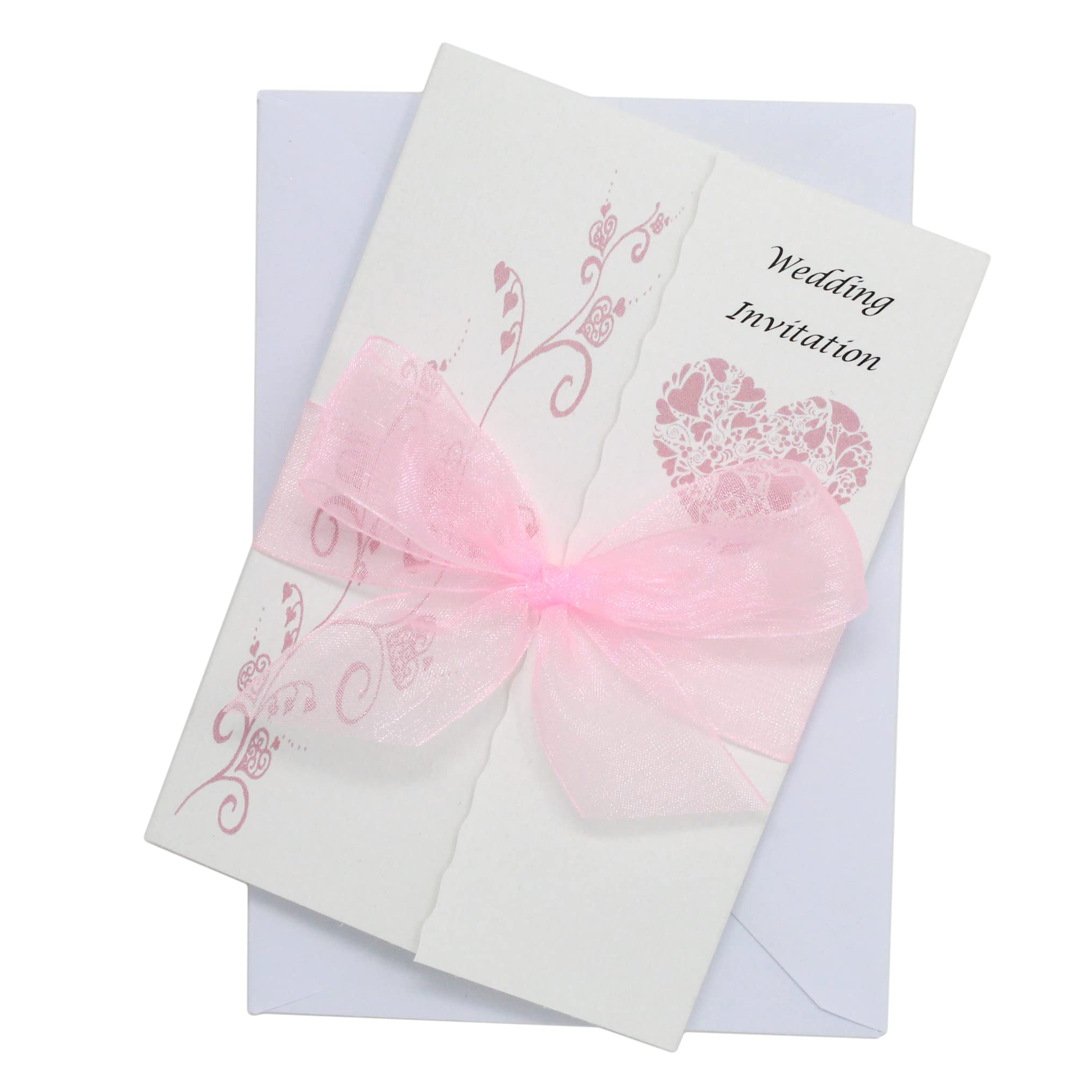 Pack of 10 Baby Pink Wedding Invitations with ribbon and envelopes- Gatefold style!