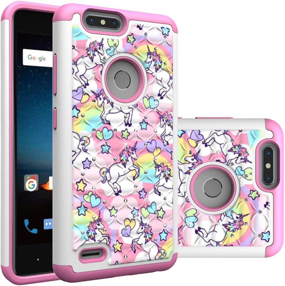 ZTE Blade ZMax Case, Blade ZMax Pro 2 / Sequoia Case, Rainbow Unicorn Pattern Heavy Duty Shockproof Studded Rhinestone Crystal Bling Hybrid Case Silicone Protective Armor for ZTE Z982 / ZTE Sequoia