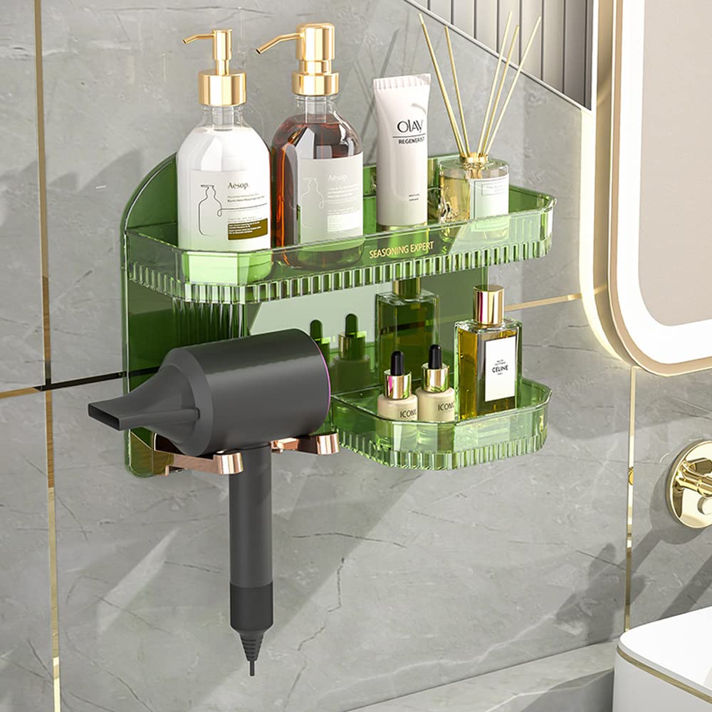 Hosoncovy Hair Dryer Wall Mount Holder Hair Dryer Wall Hanger Bathroom Toiletries Wall Storage Shelf,Universal for Hair Dryer (Green)