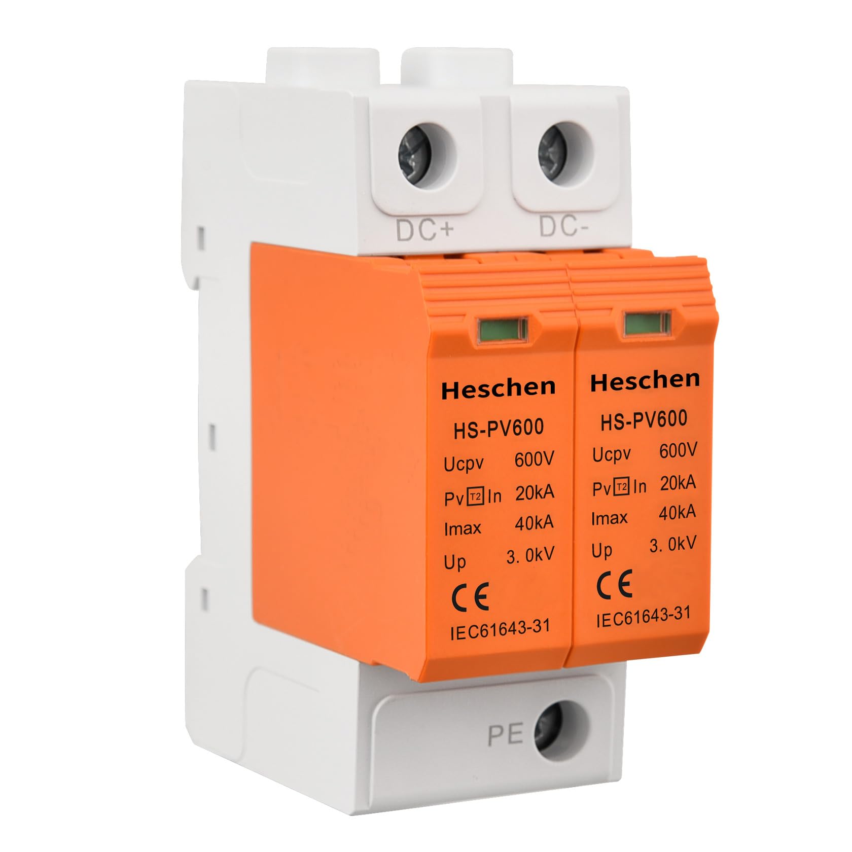 Heschen Surge Protective Device for PV, HS-PV600, 2P 600VDC 20KA, Fire-Proof, 35mm DIN Rail Mounting