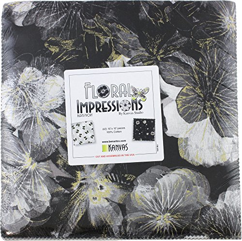 Kanvas Studio Floral Impressions Black/Ivory 10X10 Pack 42 10-inch Squares Layer Cake Benartex