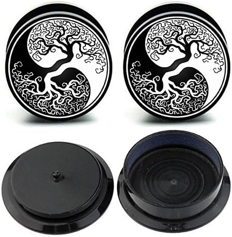 Caspian Jewelry Ear Stretching Plugs 1 Pair Tree of Life Ying Yang Black and White Ear Gauges Plugs