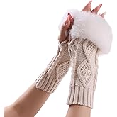 PESAAT Knit Arm Warmers Faux Fur Fingerless Gloves for Women Winter Wrist Warmers with Thumb Hole
