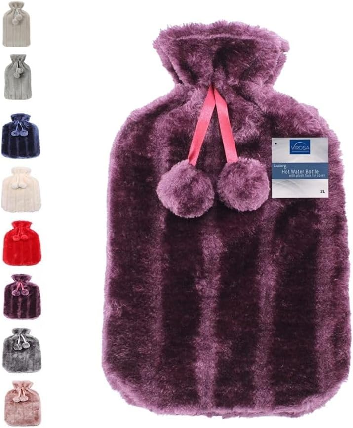 VIROSA Luxury Hot Water Bottle 2 Litre with Faux Fur Cover Violet