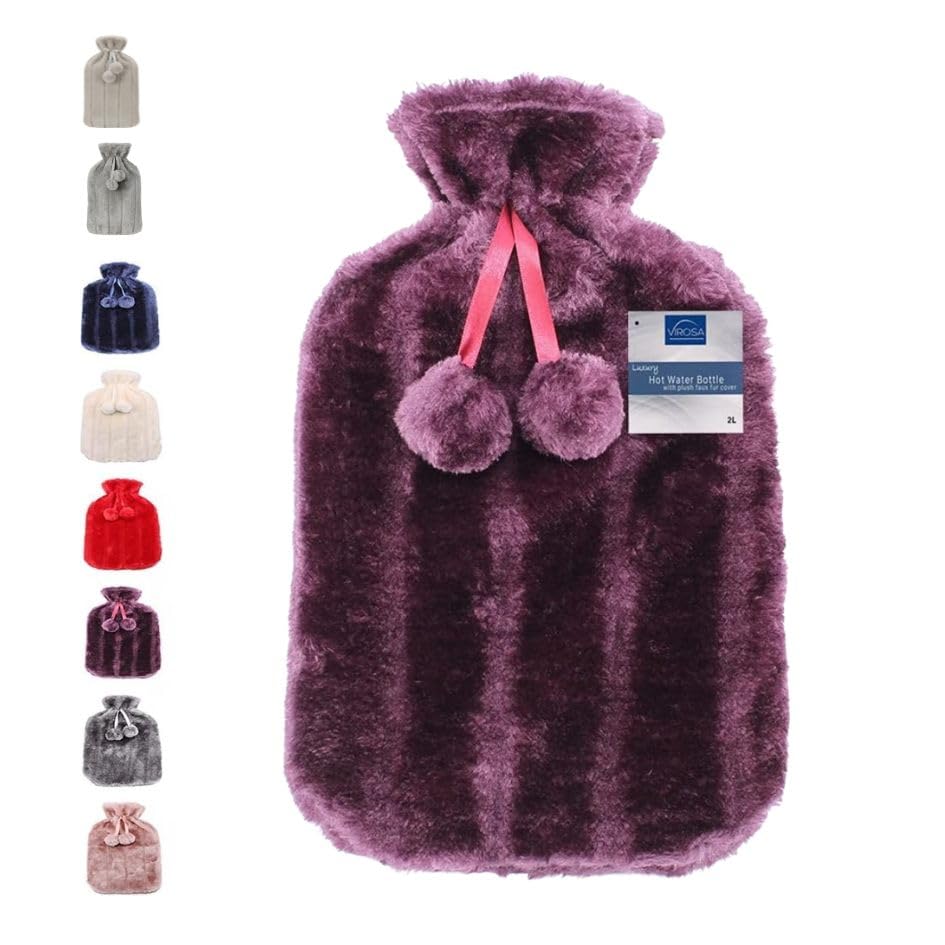 VIROSA Luxury Hot Water Bottle with Soft Faux Fur Cover & Pom Poms – 2 Litre Large Leakproof Rubber Bottle for Neck, Shoulder, Back Pain Relief & Hand and Feet Warmer (Violet)