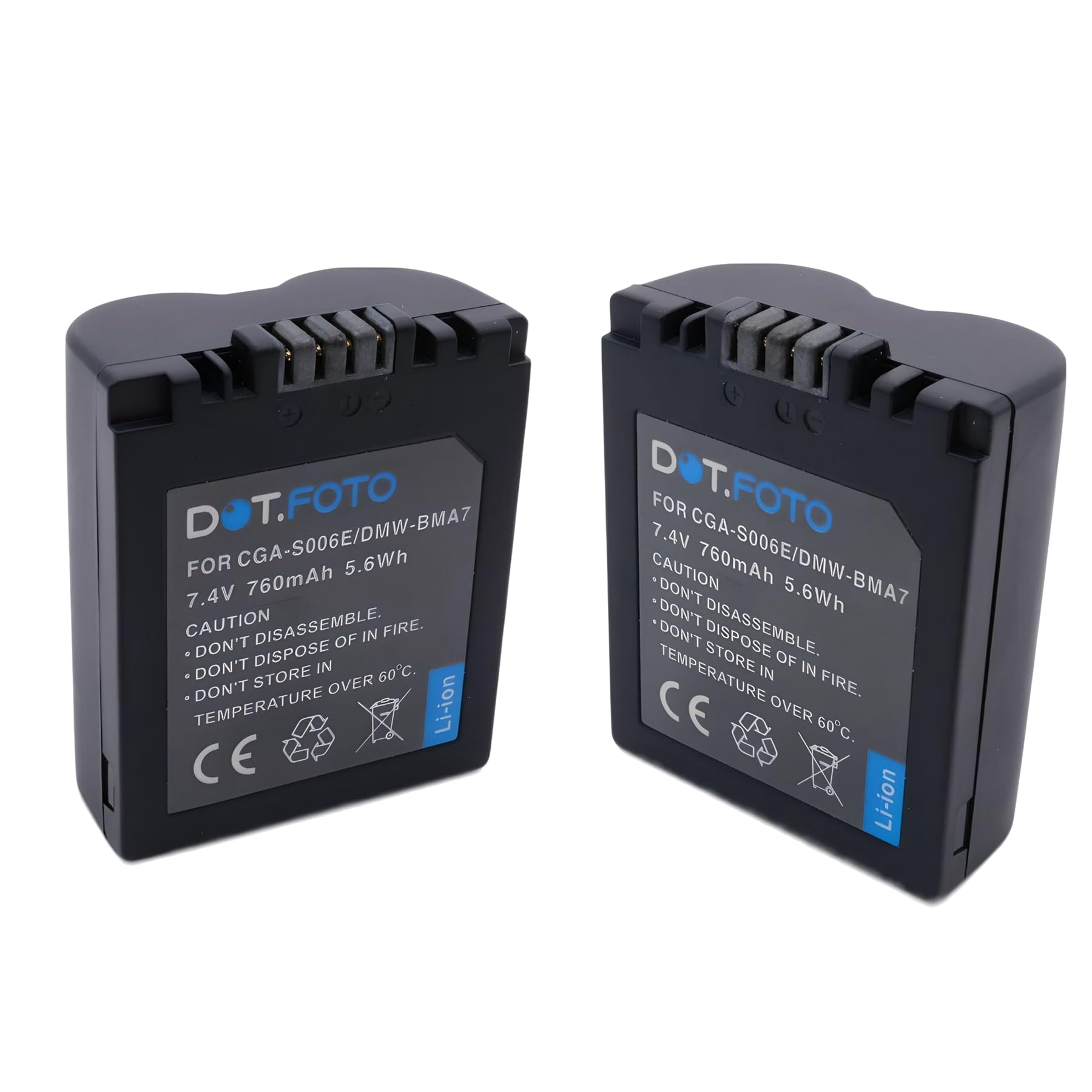 2 x Dot.Foto CGR-S006E, DMW-BMA7 Premium 7.4v / 760mAh Rechargeable Battery for Panasonic Lumix DMC-FZ7 DMC-FZ8 DMC-FZ18 DMC-FZ28 DMC-FZ30 DMC-FZ35 DMC-FZ38 DMC-FZ50