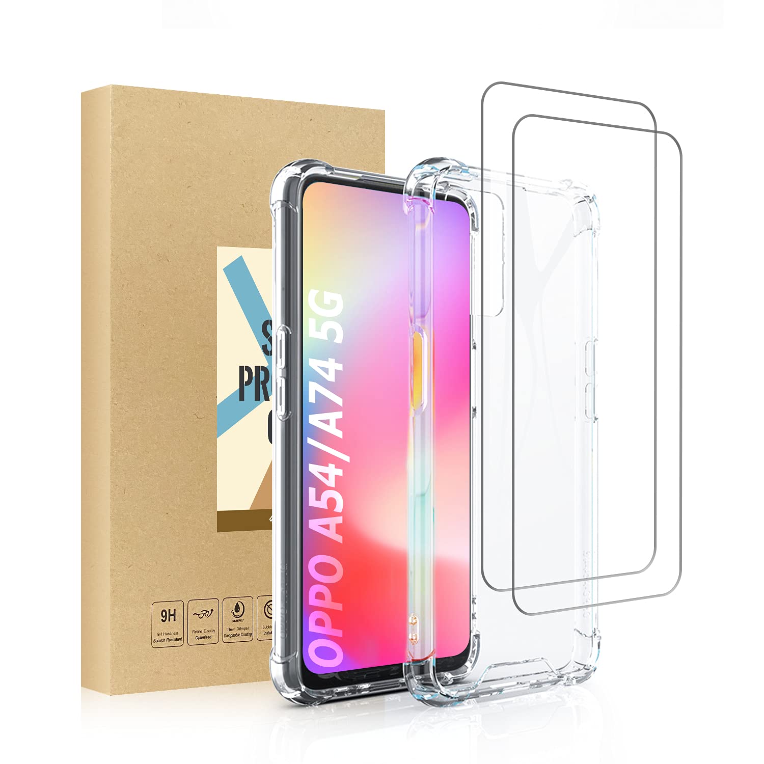 SCL Case for OPPO A54 Case and Screen Protector OPPO A54/A74 Tempered Glass and Phone Case [Black], Carbon Fibre Effect Gel Grip Protection Cover [Anti Scratch][Anti Collision] Case