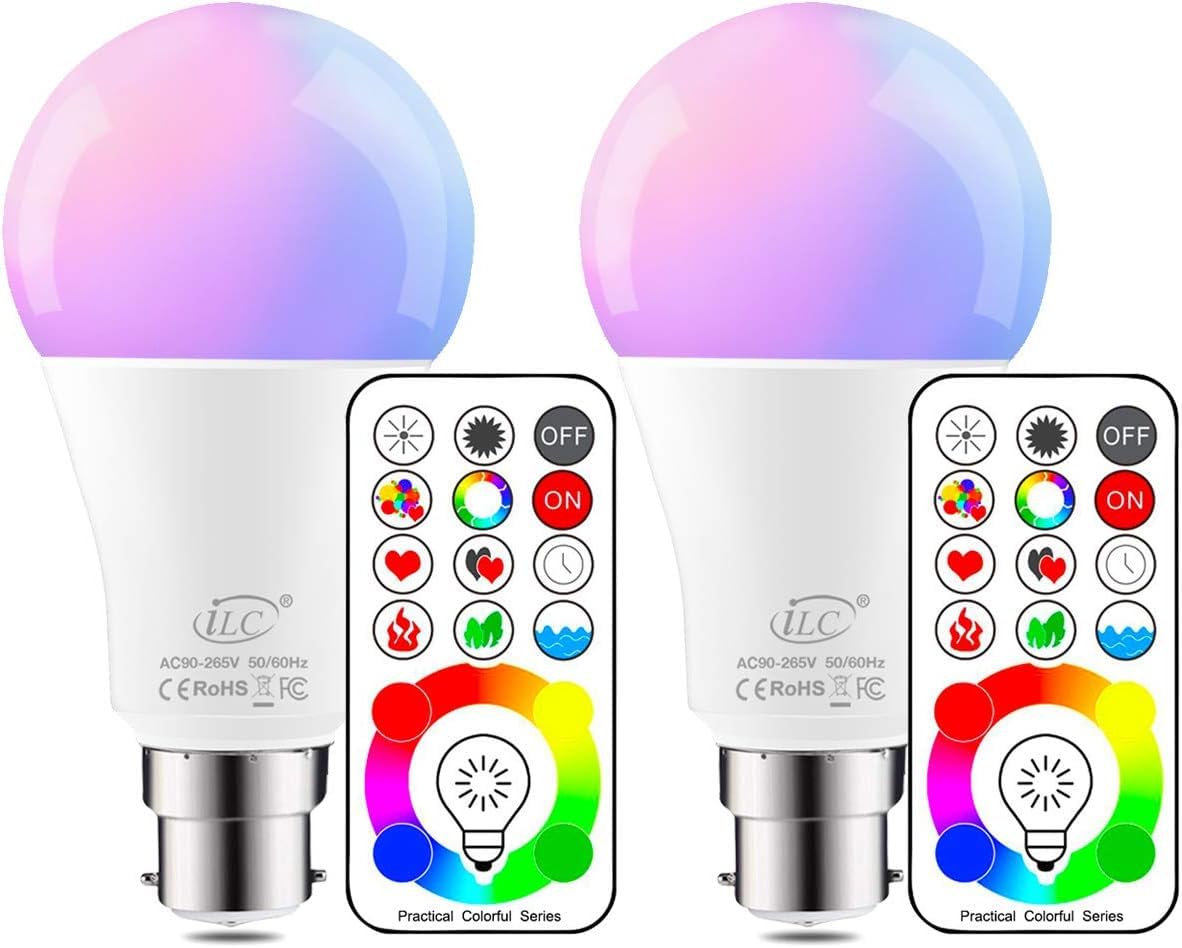 iLC B22 LED Colour Changing Light Bulb, 75W Equivalent with Remote Control RGBW Bayonet - 120 Different Color Choices – RGB and Cool White 5700K Coloured – Timing Function (2 Packs)
