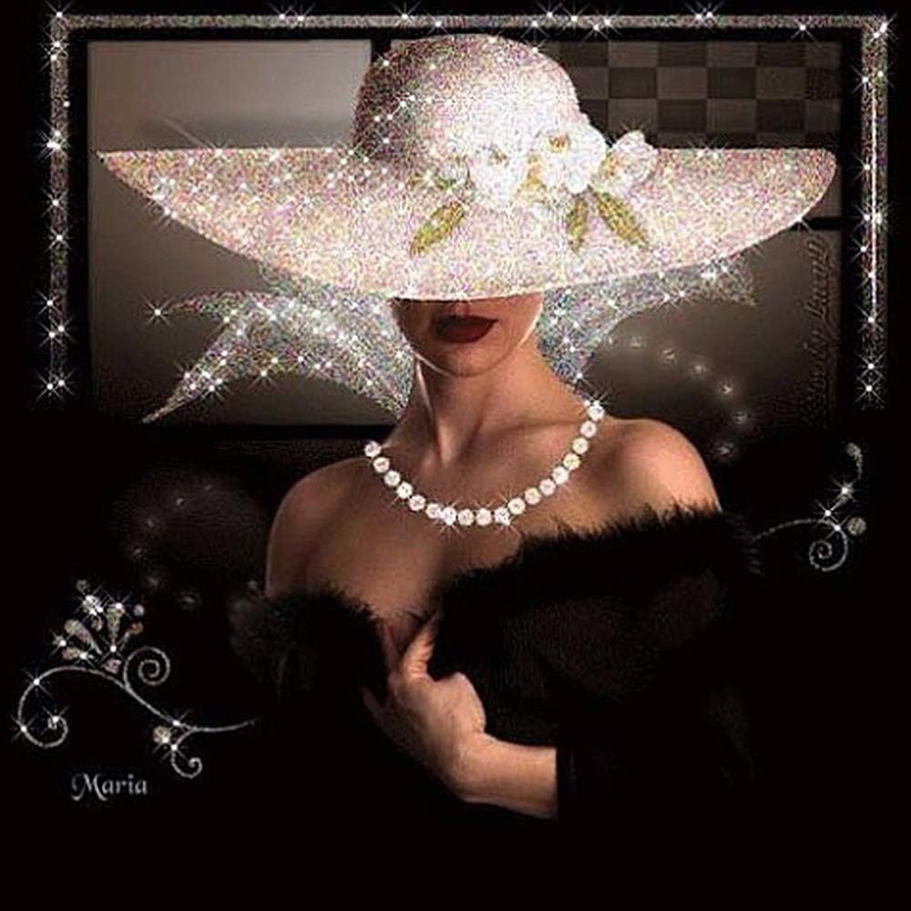 Full Drill Square 5D DIY Diamond Painting"Lady in Black Dress and White Hat"Diamond Embroidery Cross Stitch Painting