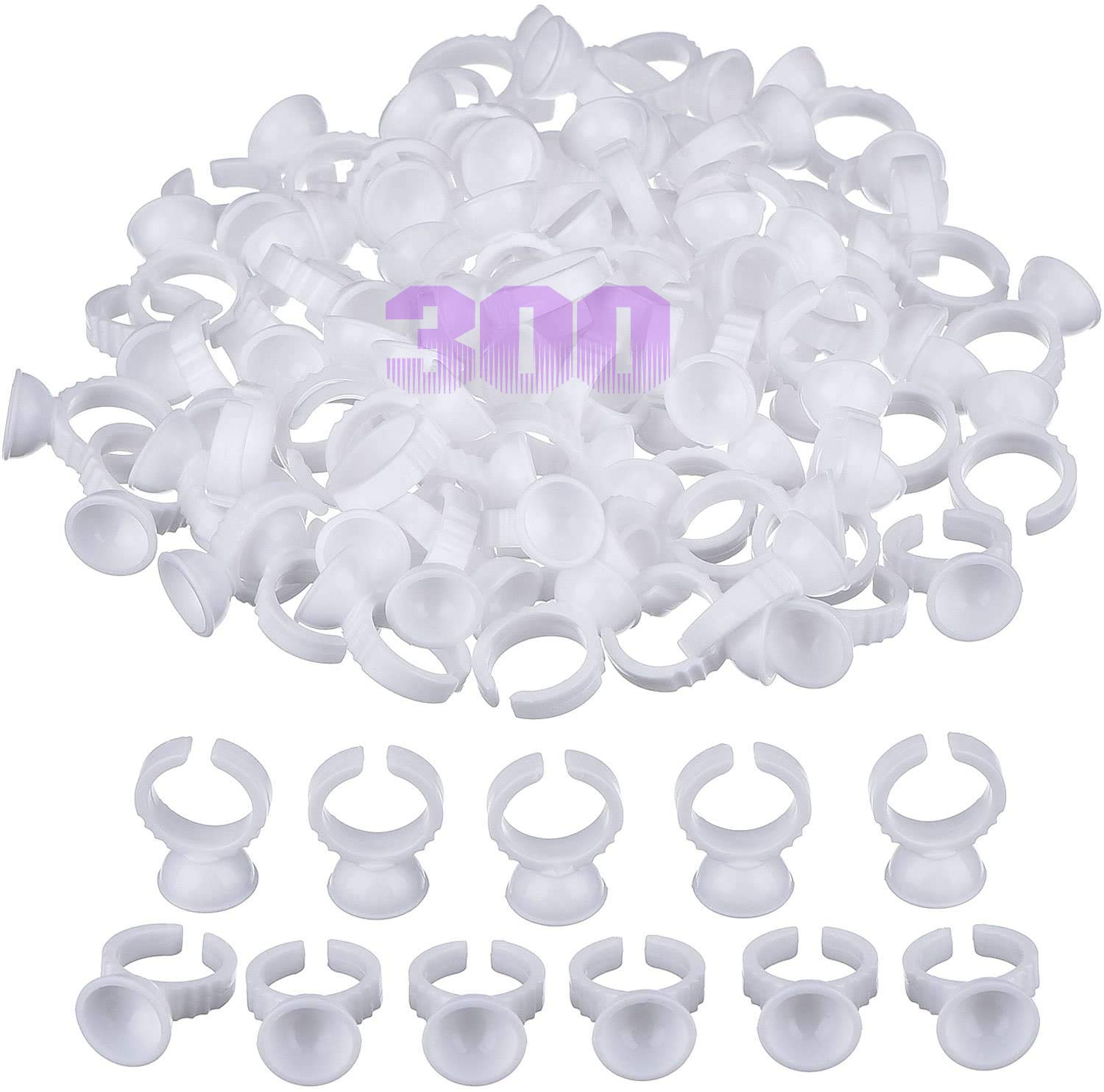 WZYTEU 300 pcs Eyelash Glue Holder, Disposable Plastic Glue Rings Pigment Ink Cup for Nail Art, Eyelash Extension, Tattoo and Makeup(white, 13mm)