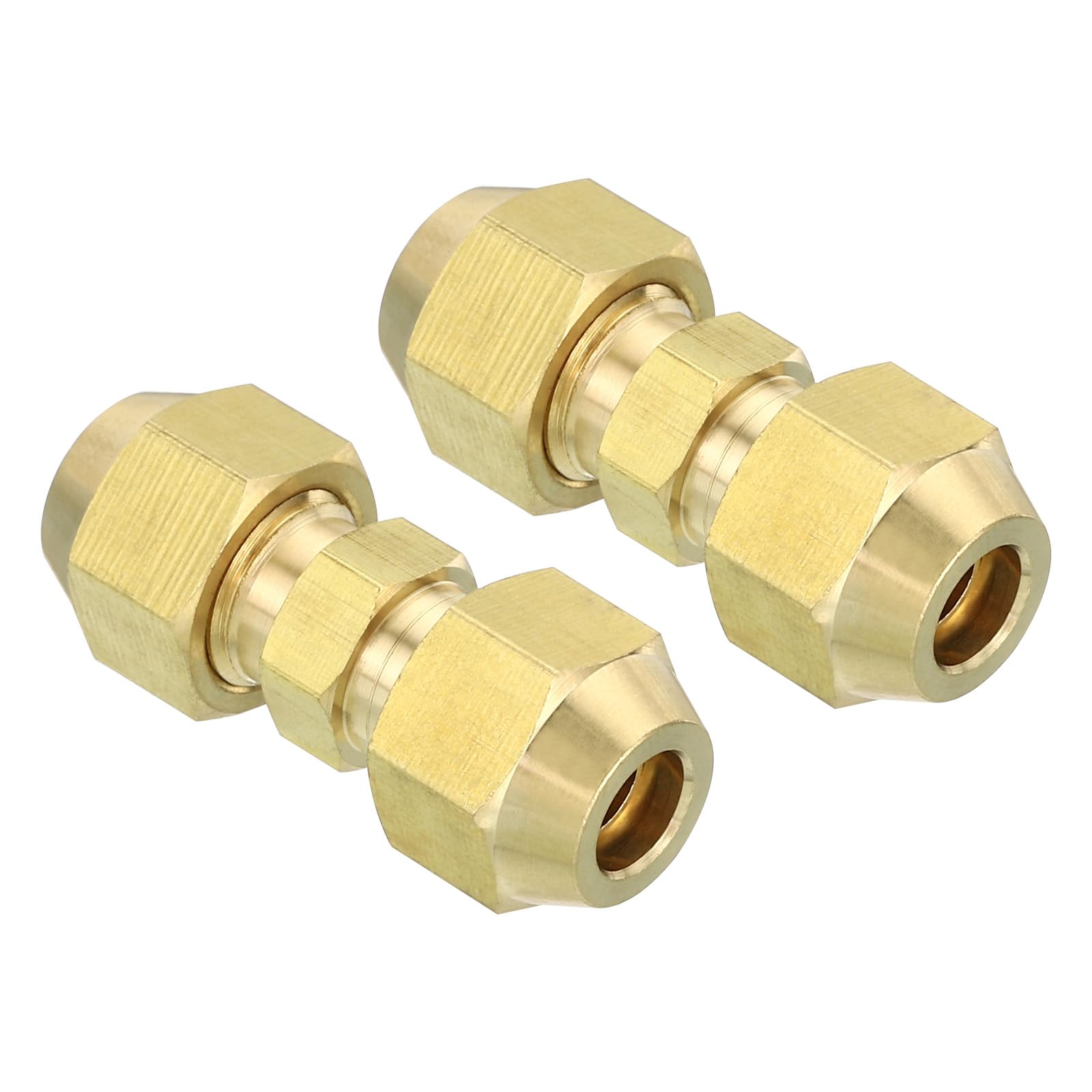 PATIKIL 1/4" OD Brass Flare Union Connector, 2 Set Air Conditioning Copper Double Pipe Extension Joint Connectors Pipe Hose Fitting with Nut, 1.22 x 0.43inch