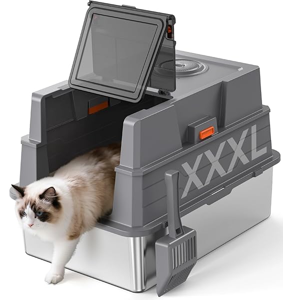 XXXL STAINLESS STEEL LITTER BOX WITH LID,28″ L...