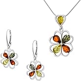 AMBEDORA Standard Women's Jewellery Set Juliette, Polished Sterling Silver, Colourful Baltic Amber, Silver Pendant on Chain and Earrings
