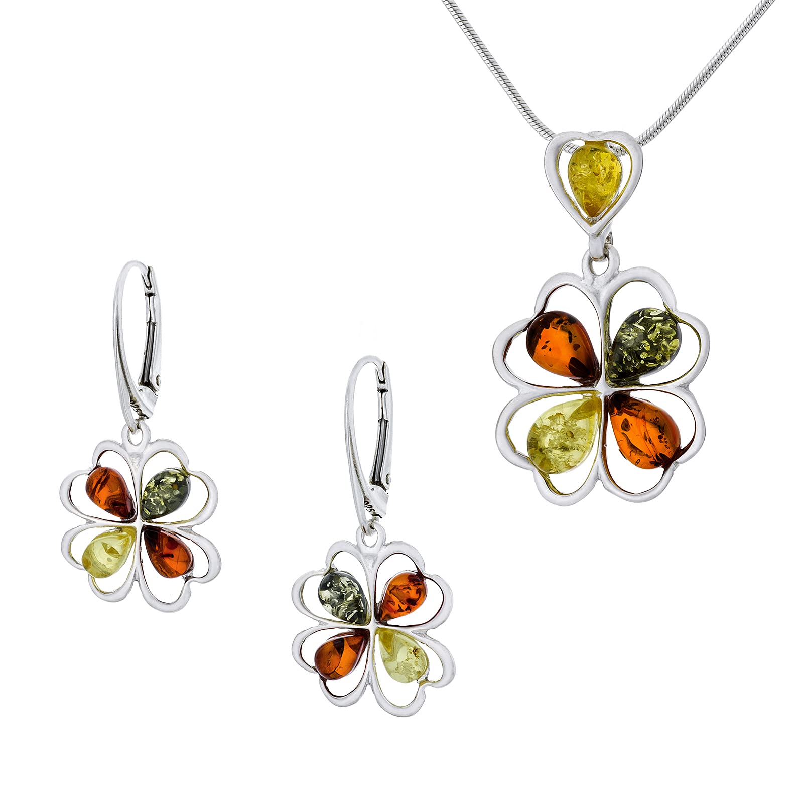 AMBEDORA small Women's Jewellery Set Juliette, Polished Sterling Silver, Colourful Baltic Amber, Silver Pendant on Chain and Earrings