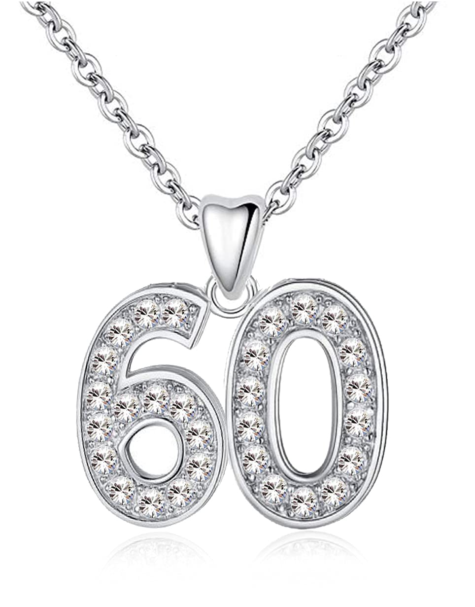 LSDesigns 60th Necklace Pendant & Chain 925 Sterling Silver Decorated with Sparkling Clear Crystals 60 Birthday Women Her Girls - Gift box