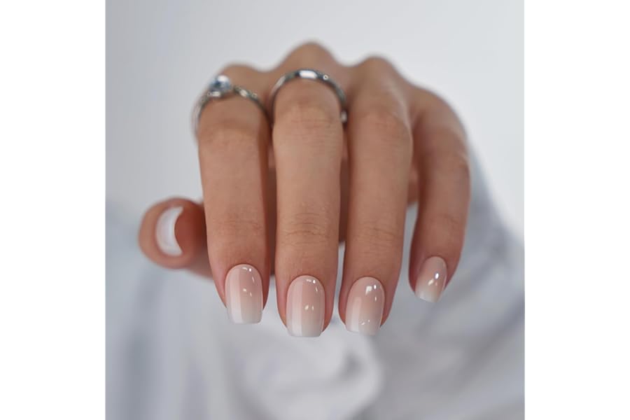 BTArtbox Square Ombre Press On Nails -Soft Gel Press On Nails Short with Nail Glue, 15 Sizes – 30 Reusable Fake Nails Kit, Vanilla Cream