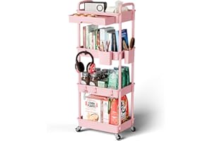 Sorgion 4 Tier Rolling Cart Organizer,Art Craft Diaper Bedside Snack Laundry Room Bathroom Organizer Narrow Thin Slim Rolling Trolley Utility Cart with Wheels for Kitchen,Office(Pink)