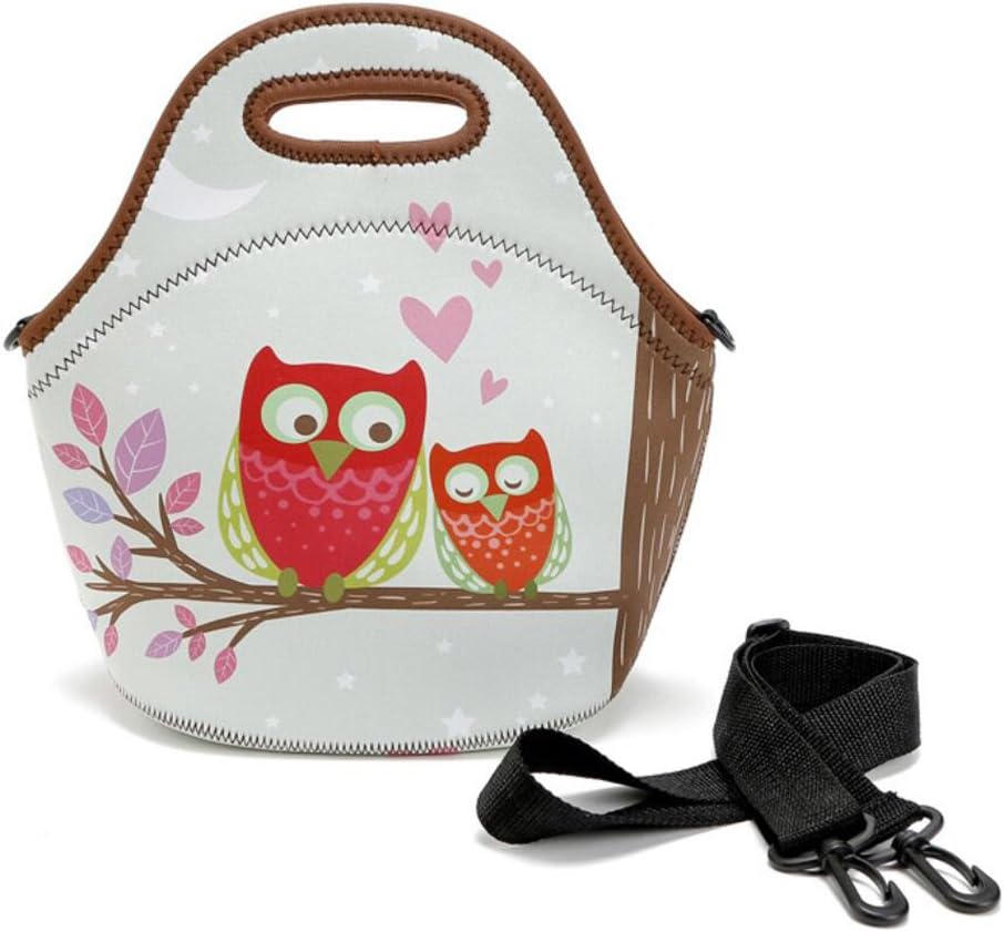 Oneyongs Neoprene Lunch Tote Insulated Reusable Picnic Lunch Bags Lunch Container Box Bag Cooler Handbag with Strap for Unisex Adults Kids Waterproof Owl