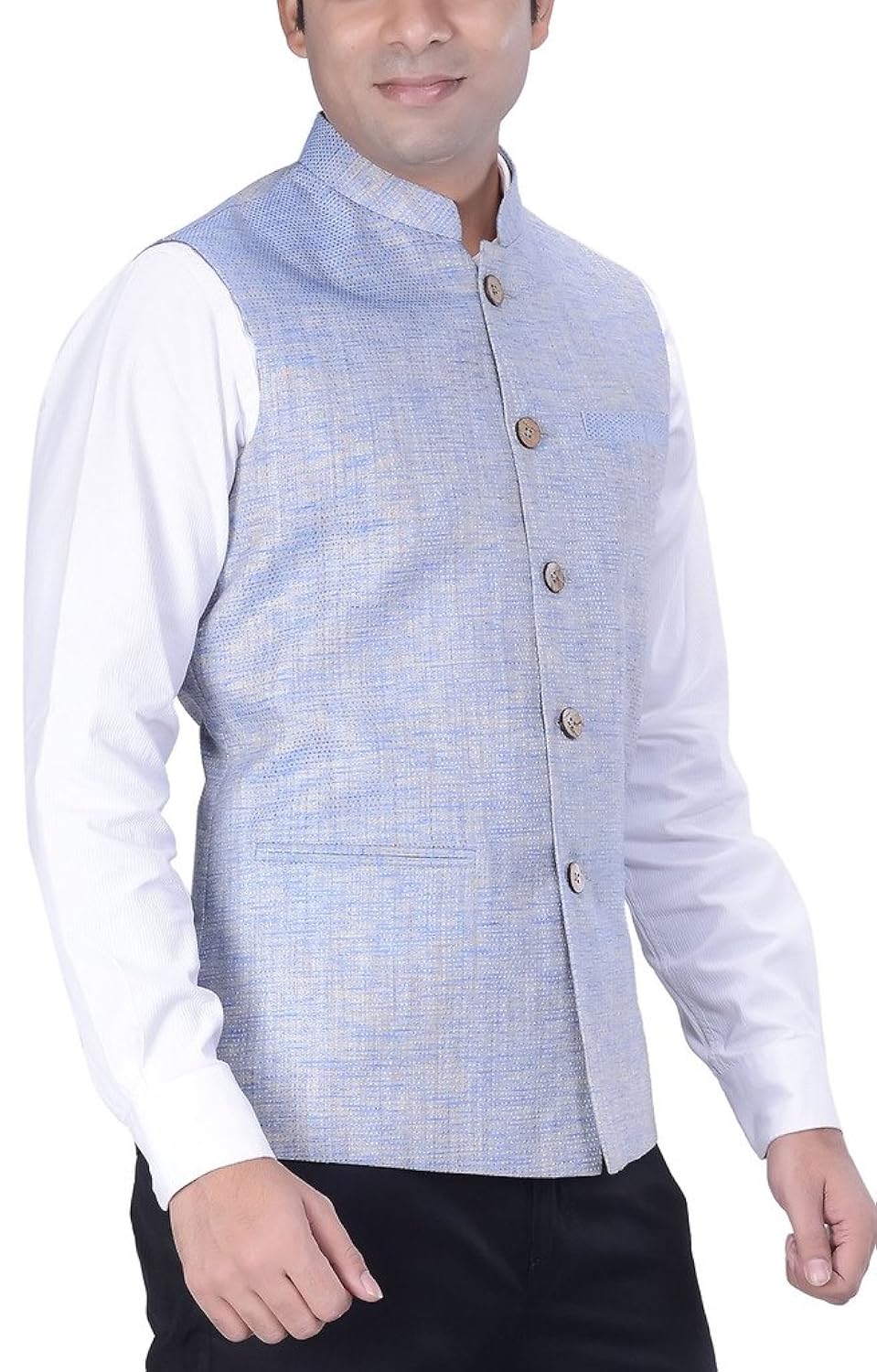 kisah men's woven cotton silk blue nehru jacket