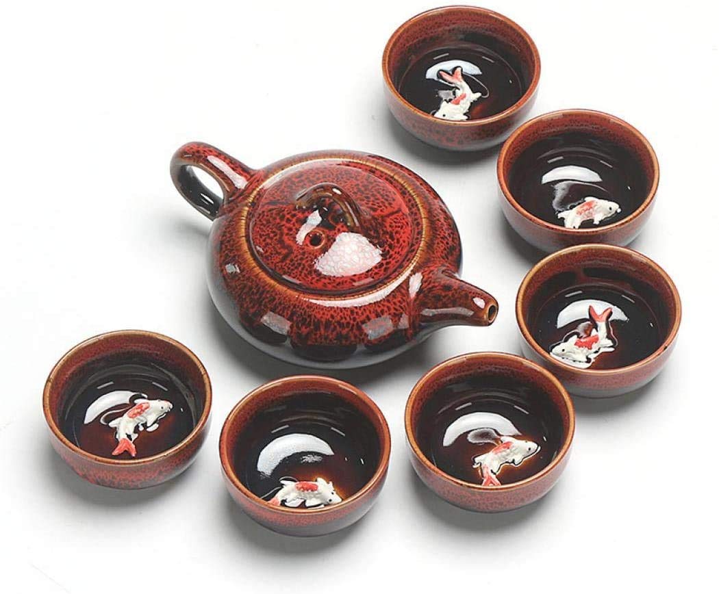 Kung Fu Teapot and Cup Set, Kung Fu Tea Set, Chinese and Japanese Retro Handmade, Porcelain Teapot, 6 Tea Cups, Gift Box (Red)