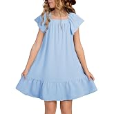 blibean Girls Summer Dresses Kids Ruffled Sleeve Sundress Size 6-15 Years | Tween &amp; Teen ,Sleeveless ,Floral Print,Square Neck,Casual, With Pockets,Vacation,Holiday,Party,Cute, Boho Machine Washable
