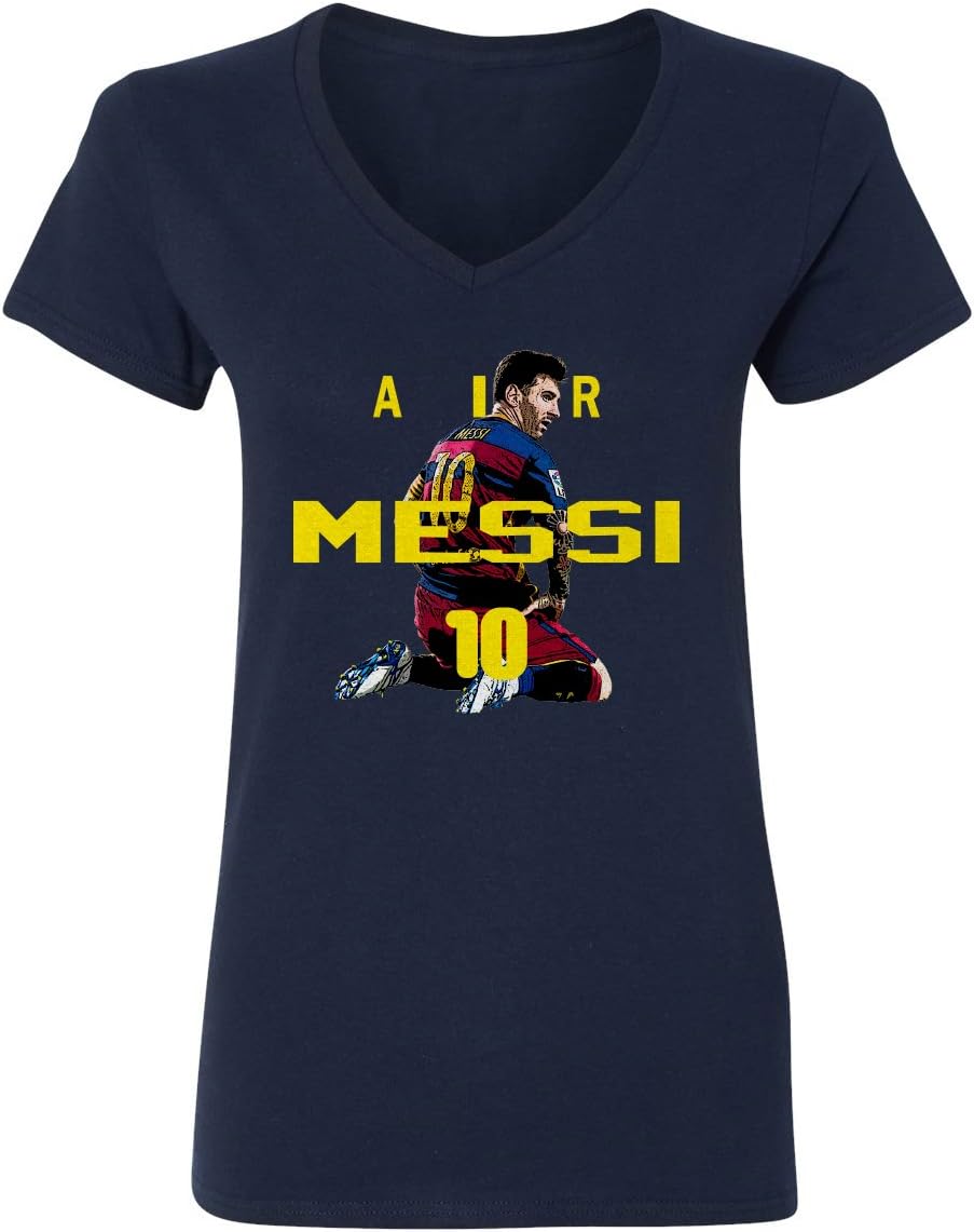 SMARTZONENavy Lionel Messi FC Barcelona AIR Soccer Women's V-Neck T Shirt (Navy,L)