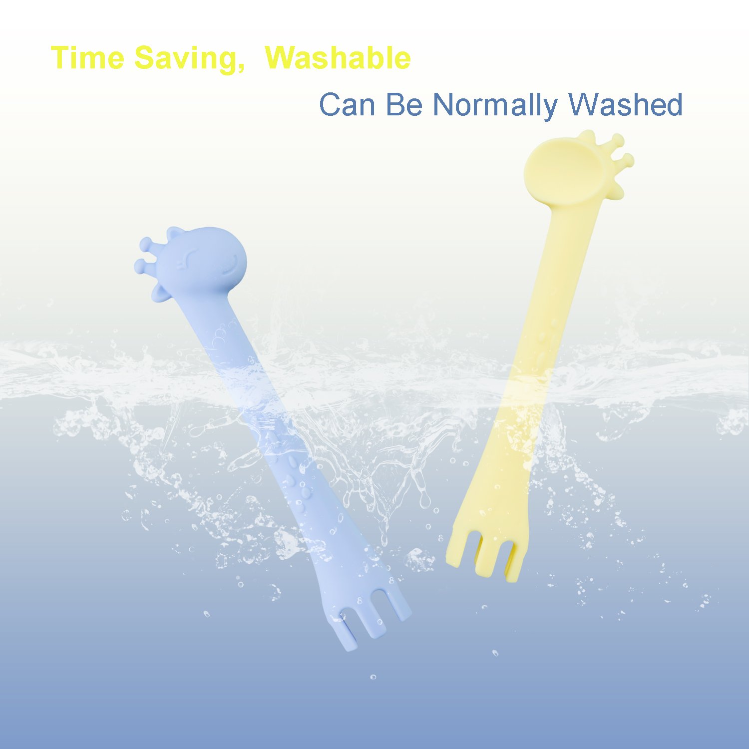Kitdine Baby Spoons Silicone Giraffe Spoon BPA Free for Baby Feeding and Infant Weaning Teething Toys Training Forks Spoons Set of Two (Blue&Yellow)