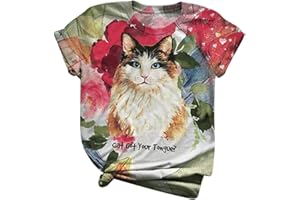 Shakumy Womens T Shirts Cat Printed Cute Funny Graphic Tees Short Sleeve Shirt Casual Summer Crewneck Tops Tunics Blouse