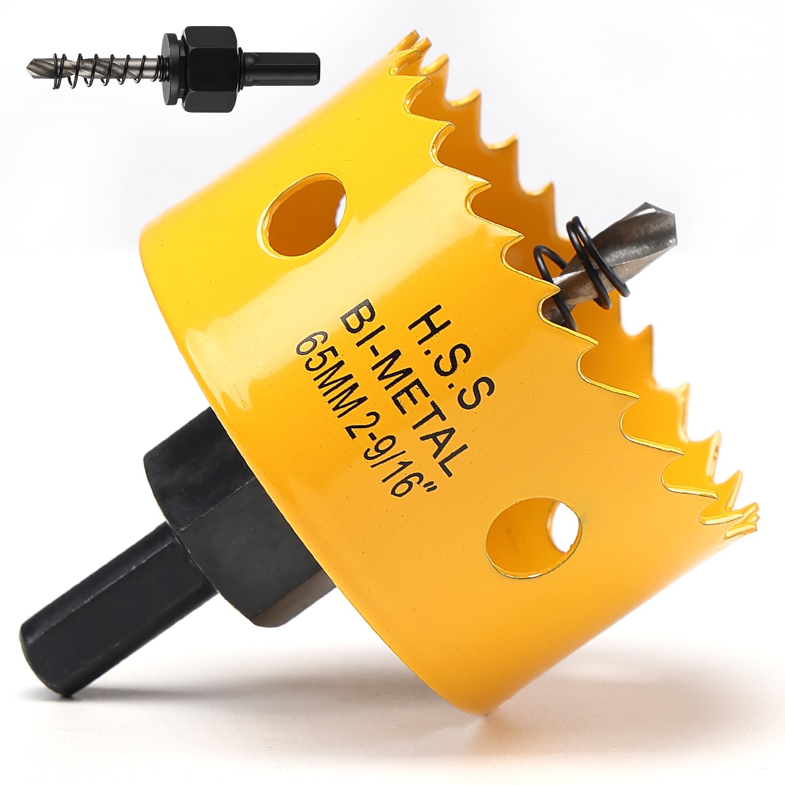 65mm Hole Saw, HSS Bi-Metal Hole Cutter with Drill Bit for Wood, Plastic, PVC, Fiberglass and Plasterboard, Yellow — image 1