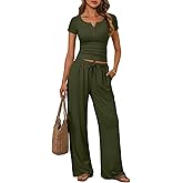 Trendy Queen Women's 2 Piece Matching Lounge Sets Summer Henley Neck Slightly Crop Top Wide Leg Pants Casual Sweat Suit