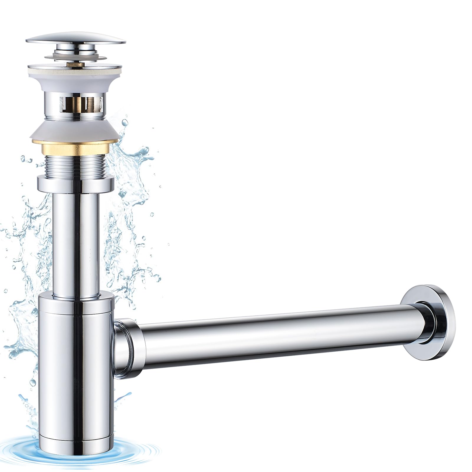 KINKIBOS Brass Bottle Trap and Slotted Basin Waste, G1 1/4 Brass Basin Waste Bottle Trap Set, Height Adjustable P Trap Waste Odour Traps Plumbing Drain Pop-up Drain, Chrome