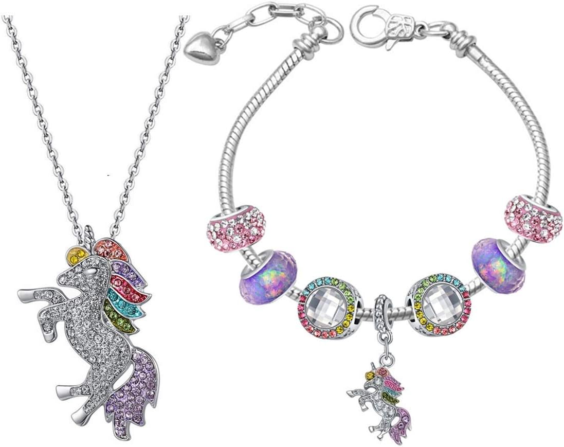 SHWIN Unicorn Gifts - Rainbow Unicorn Necklaces Charm Bracelets for Girls Women Jewelry Set (3 Pack)