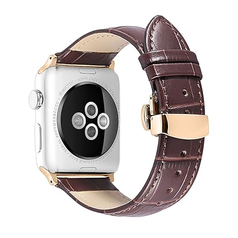 iStrap Kompatibel für Apple Uhrenarmband 38mm 42mm 40mm 44mm echtes Leder Ersatz Handgelenk Band Silber Faltschließe Armband 