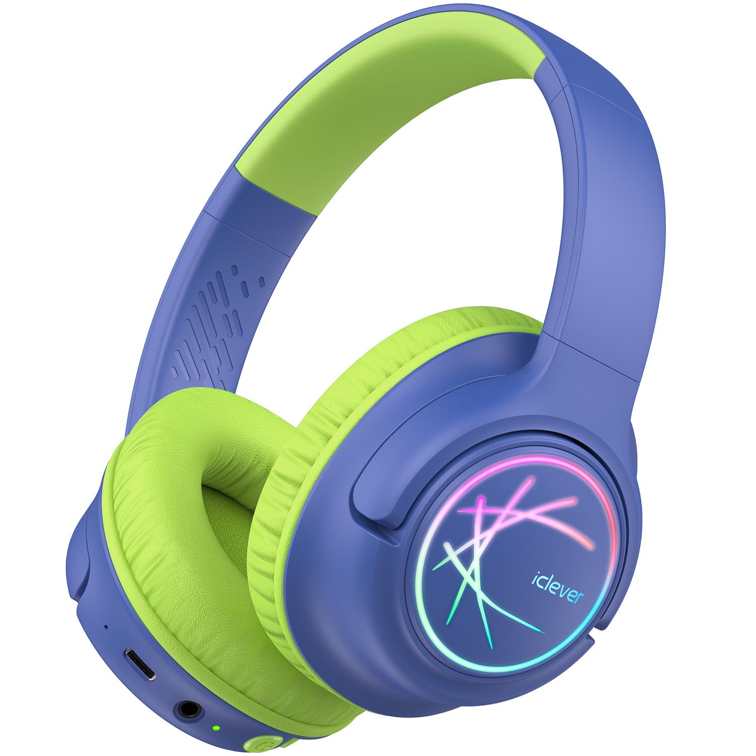 iClever Kids Bluetooth Headphones with LED Lights, BTH18 Safe Volume 74/85dBA, 43H Playtime, Bluetooth5.3 Kids Headphones Wireless Aux Cord for iPad/Tablet/Travel/School, Blue/Green