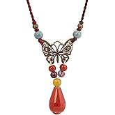 MINACHI Hippie Boho Colorful Ceramic Bead Butterfly Charm Pendant Y Necklace, Vintage Bohemian Statement Jewelry Gift for Women