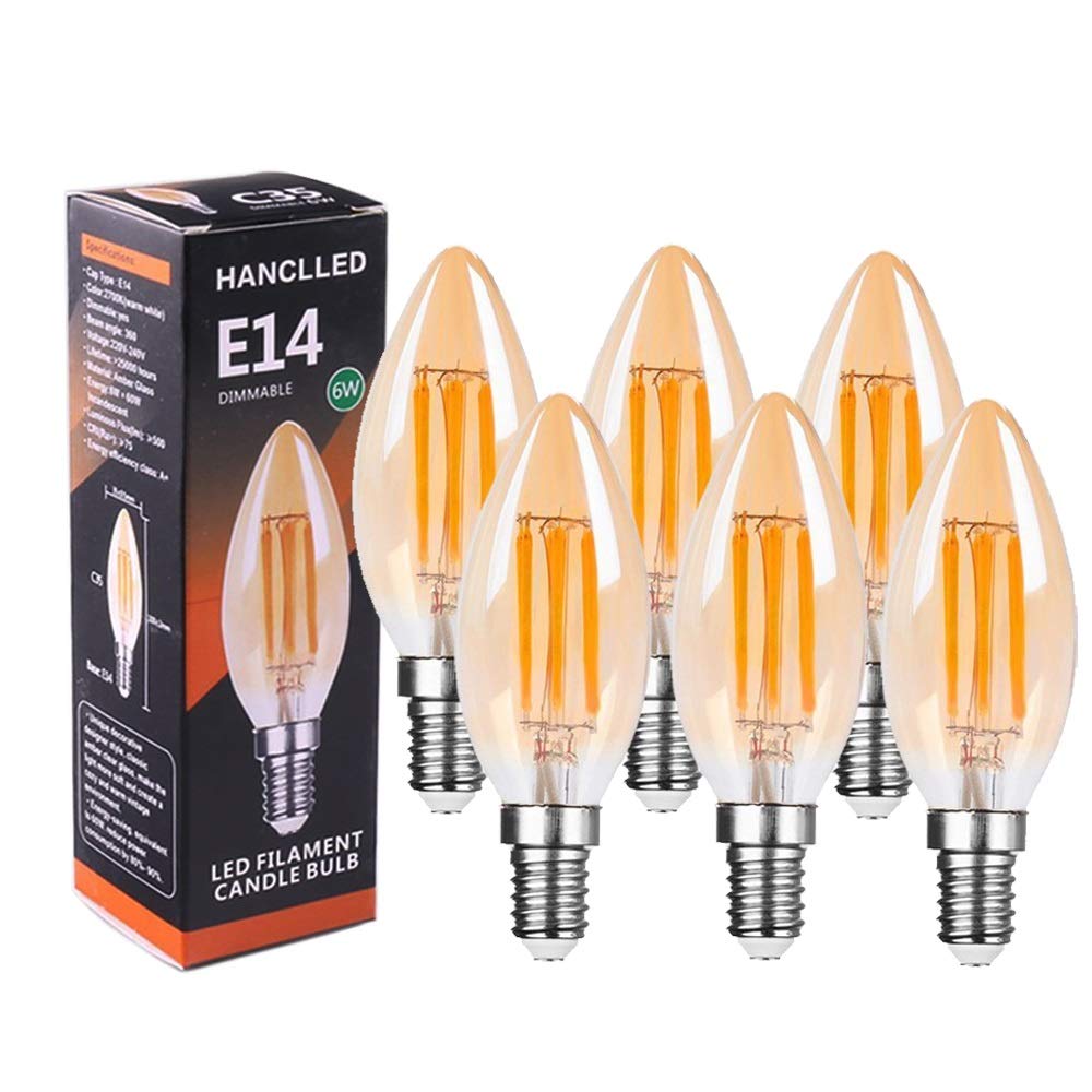 E14 Dimmalbe LED Candle Bulbs, HANCLLED E14 C35 Warm White 6W Vintage Edison Small Screw SES LED Filament Candle Bulb Amber Decorative Lamp Light Bulbs Energy Saving Light Bulbs Replacement [6 Pack]