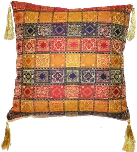 LUXURY MULTICOLOR SILK 16"X16" THROW PILLOW COVER WITH TASSLES (BLUE)