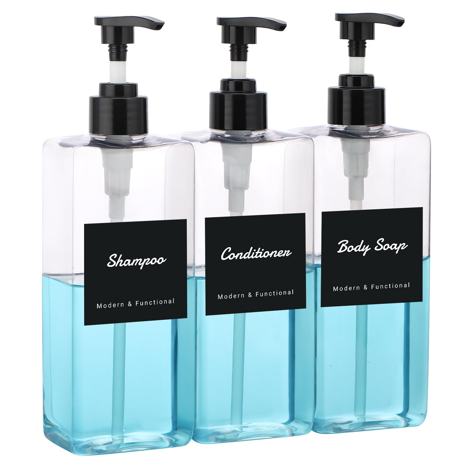 Segus Shampoo and Conditioner Dispenser, 3 Pieces Pump Bottle Dispenser 500ml, Plastic Shampoo Bottles with Labels, Shower Bottles Refillable, Clear